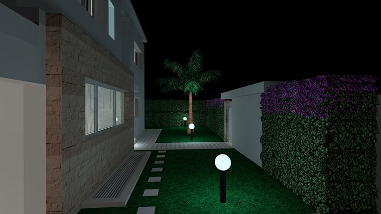 Villa G. Simple outdoor and garden lighting design project. DIALux evo 3D renderings. 