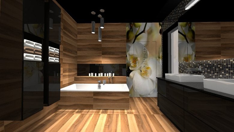 Wooden bathroom with black finishes