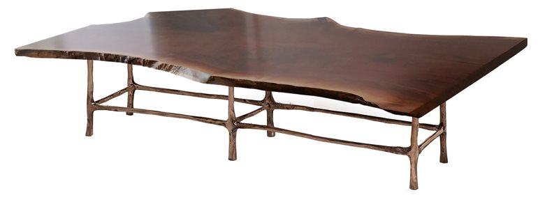 American Walnut live edge slab table with cast bronze legs