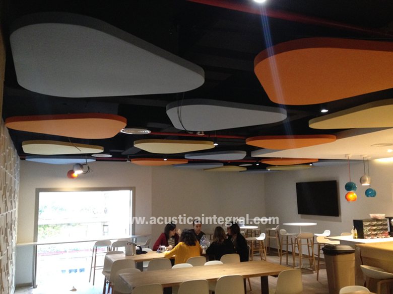 Acoustic clouds for a dining room area in offices. 