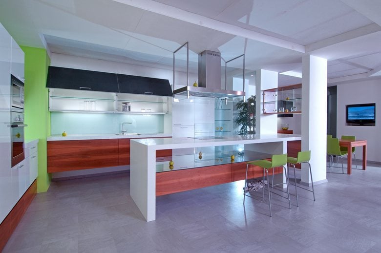 kitchen with island and dining table