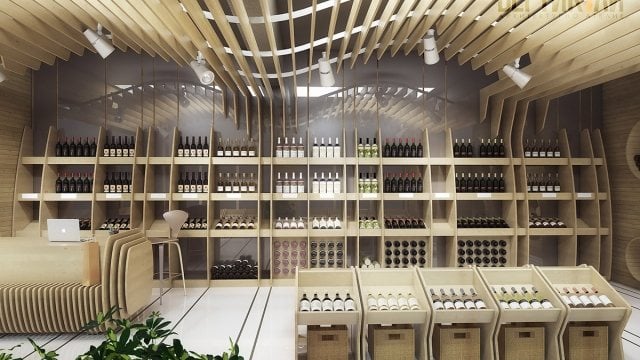 Interior and exterior design of wine shop with tasting room