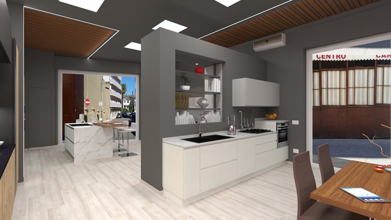 Progetto 3D nuovo showroom centro cucine MOBILTURI di PENSIAMOCASA ARREDAMENTI.   