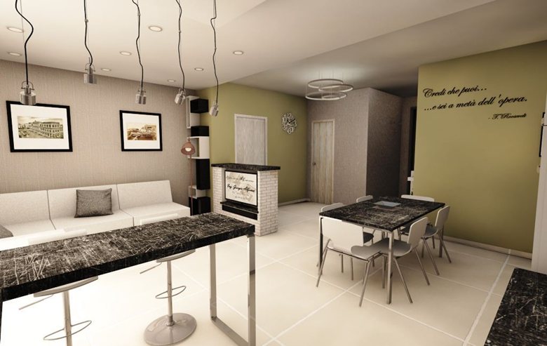 Interior design in livingroom-kitchen