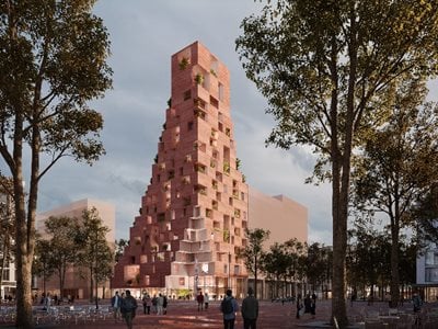 Chybik + Kristof’s Multifunctional Tower in Tirana: a recognizable cascading silhouette wrapped in red concrete