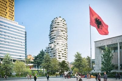 MVRDV designs mixed-use building in the shape of a statue of Albania’s national hero